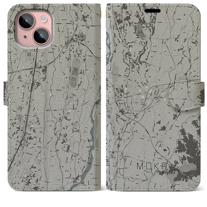 【真岡（栃木県）】地図柄iPhoneケース（手帳タイプ）モノトーン・iPhone 15 Plus 用