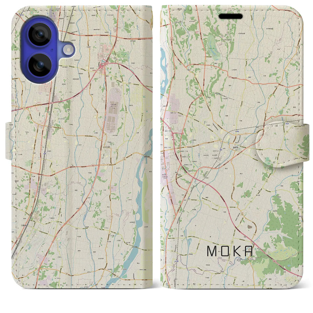 【真岡(栃木県)】地図柄iPhoneケース(手帳タイプ)ナチュラル・iPhone 16 Pro Max 用
