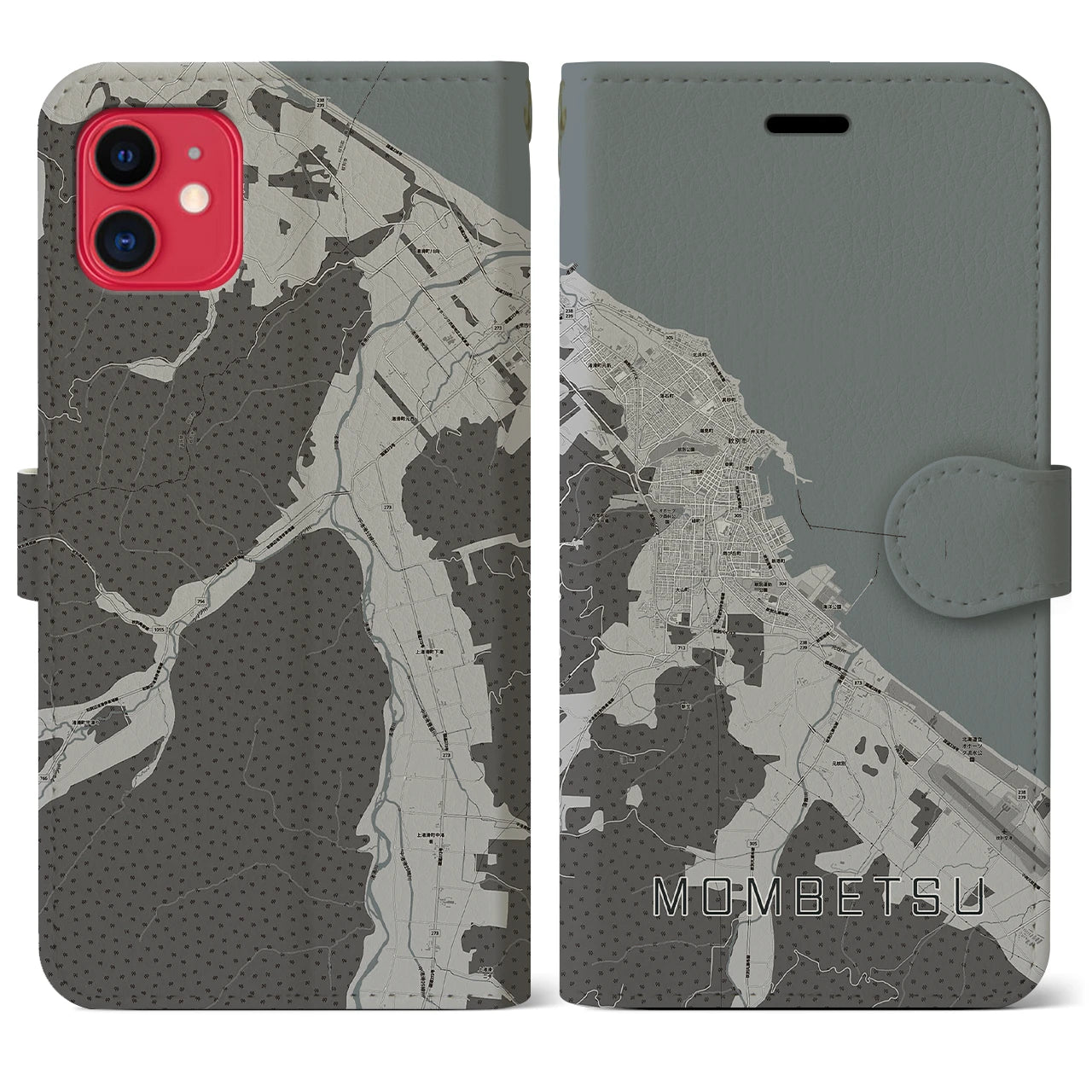 【紋別】地図柄iPhoneケース（手帳両面タイプ・モノトーン）iPhone 11 用