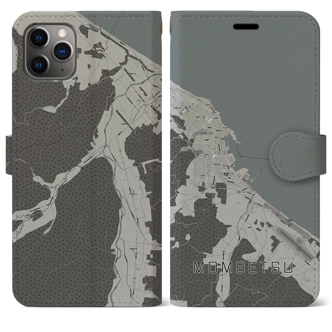 【紋別】地図柄iPhoneケース（手帳両面タイプ・モノトーン）iPhone 11 Pro Max 用