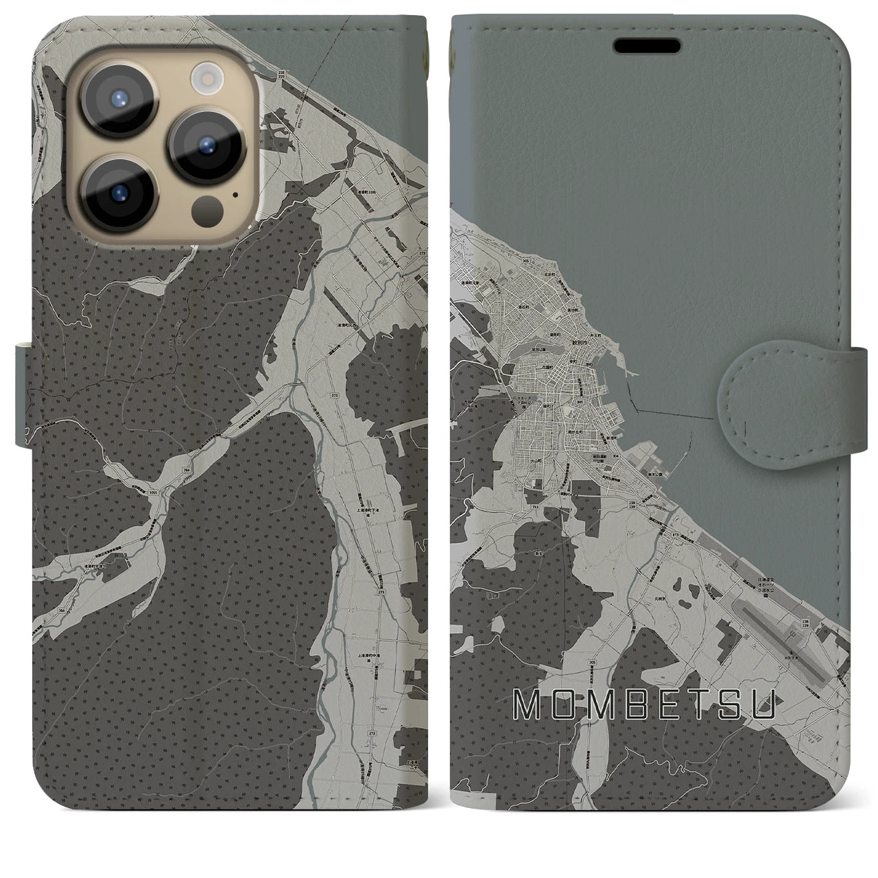 【紋別】地図柄iPhoneケース（手帳両面タイプ・モノトーン）iPhone 14 Pro Max 用