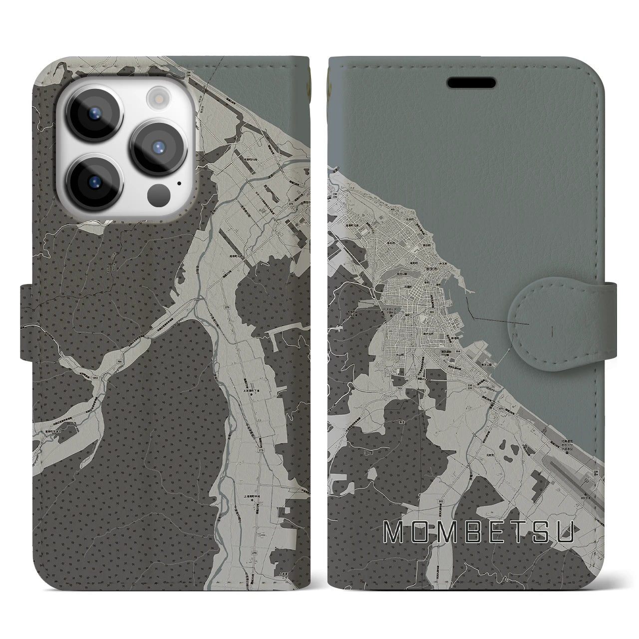 【紋別】地図柄iPhoneケース（手帳両面タイプ・モノトーン）iPhone 14 Pro 用