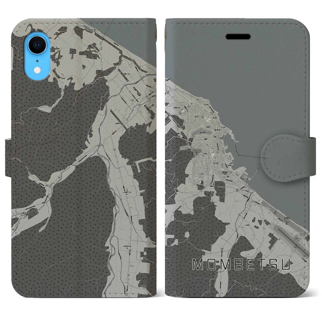 【紋別】地図柄iPhoneケース（手帳両面タイプ・モノトーン）iPhone XR 用