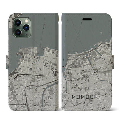 【百道（福岡県）】地図柄iPhoneケース（手帳タイプ）モノトーン・iPhone 11 Pro 用