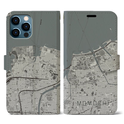 【百道（福岡県）】地図柄iPhoneケース（手帳タイプ）モノトーン・iPhone 12 / 12 Pro 用