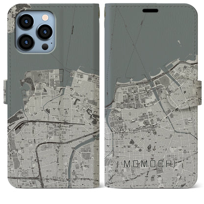 【百道（福岡県）】地図柄iPhoneケース（手帳タイプ）モノトーン・iPhone 13 Pro Max 用