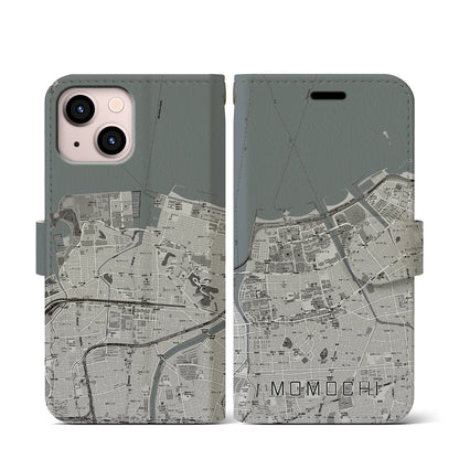 【百道（福岡県）】地図柄iPhoneケース（手帳タイプ）モノトーン・iPhone 13 mini 用