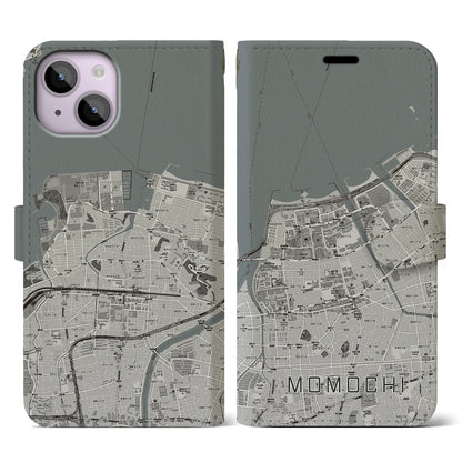 【百道（福岡県）】地図柄iPhoneケース（手帳タイプ）モノトーン・iPhone 14 用