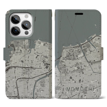 【百道（福岡県）】地図柄iPhoneケース（手帳タイプ）モノトーン・iPhone 14 Pro 用