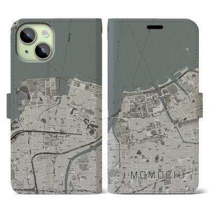 【百道（福岡県）】地図柄iPhoneケース（手帳タイプ）モノトーン・iPhone 15 用