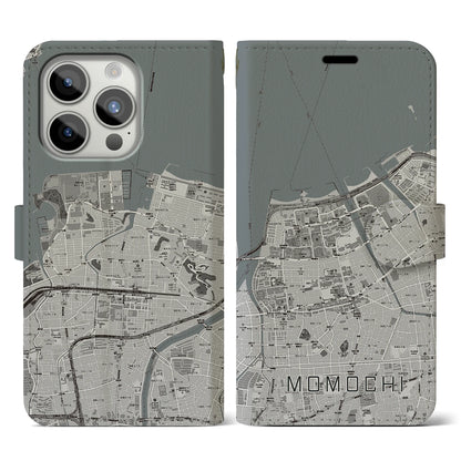 【百道（福岡県）】地図柄iPhoneケース（手帳タイプ）モノトーン・iPhone 15 Pro 用