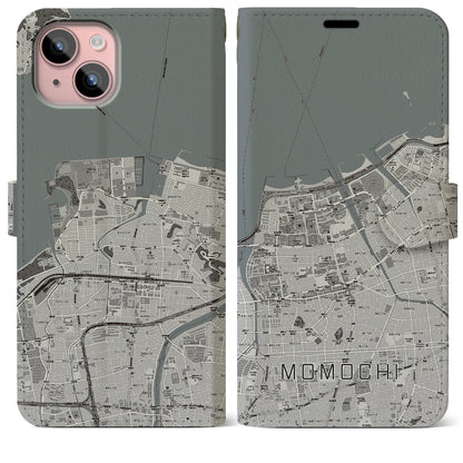 【百道（福岡県）】地図柄iPhoneケース（手帳タイプ）モノトーン・iPhone 15 Plus 用