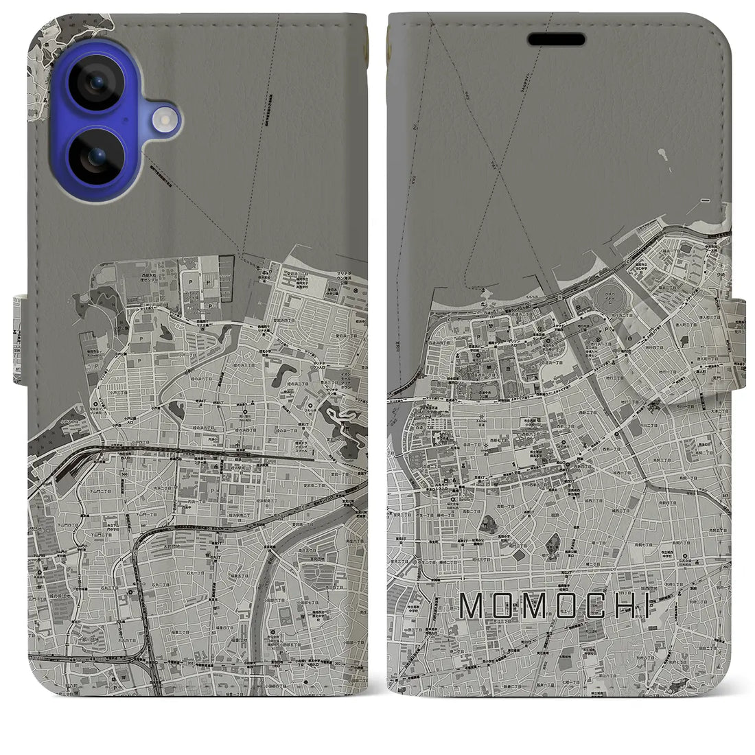 【百道(福岡県)】地図柄iPhoneケース(手帳タイプ)モノトーン・iPhone 16 Pro Max 用