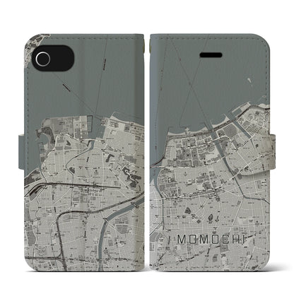 【百道（福岡県）】地図柄iPhoneケース（手帳タイプ）モノトーン・iPhone SE（第3 / 第2世代） / 8 / 7 / 6s / 6 用