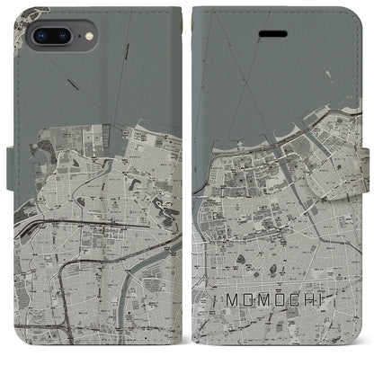 【百道（福岡県）】地図柄iPhoneケース（手帳タイプ）モノトーン・iPhone 8Plus /7Plus / 6sPlus / 6Plus 用