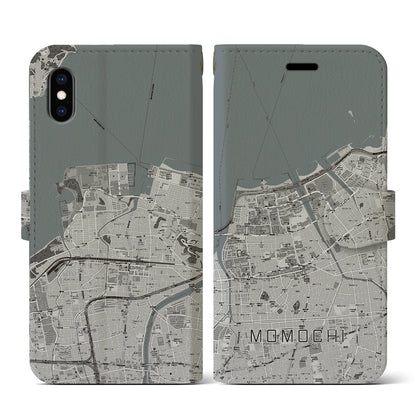 【百道（福岡県）】地図柄iPhoneケース（手帳タイプ）モノトーン・iPhone XS / X 用