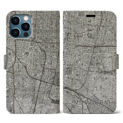 【桃谷（大阪府）】地図柄iPhoneケース（手帳タイプ）モノトーン・iPhone 12 / 12 Pro 用