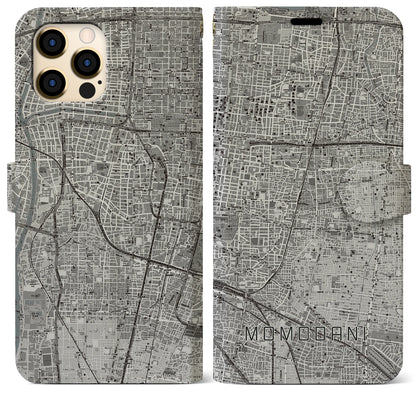 【桃谷（大阪府）】地図柄iPhoneケース（手帳タイプ）モノトーン・iPhone 12 Pro Max 用