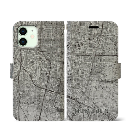 【桃谷（大阪府）】地図柄iPhoneケース（手帳タイプ）モノトーン・iPhone 12 mini 用