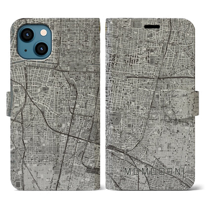 【桃谷（大阪府）】地図柄iPhoneケース（手帳タイプ）モノトーン・iPhone 13 用