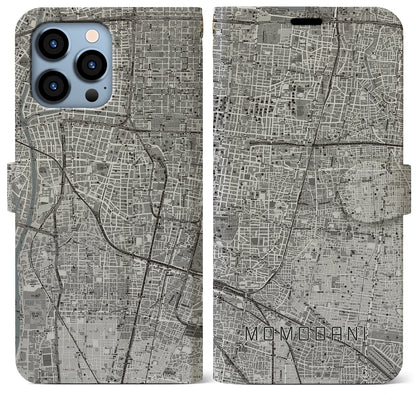 【桃谷（大阪府）】地図柄iPhoneケース（手帳タイプ）モノトーン・iPhone 13 Pro Max 用