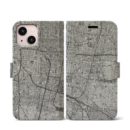 【桃谷（大阪府）】地図柄iPhoneケース（手帳タイプ）モノトーン・iPhone 13 mini 用