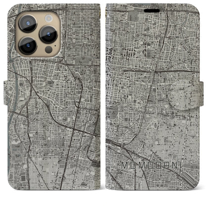 【桃谷（大阪府）】地図柄iPhoneケース（手帳タイプ）モノトーン・iPhone 14 Pro Max 用