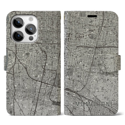 【桃谷（大阪府）】地図柄iPhoneケース（手帳タイプ）モノトーン・iPhone 14 Pro 用