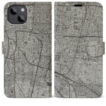 【桃谷（大阪府）】地図柄iPhoneケース（手帳タイプ）モノトーン・iPhone 14 Plus 用