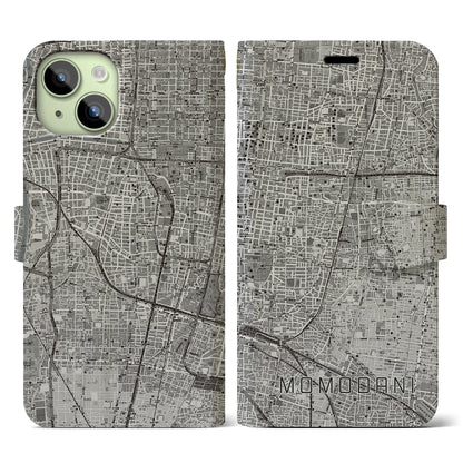 【桃谷（大阪府）】地図柄iPhoneケース（手帳タイプ）モノトーン・iPhone 15 用