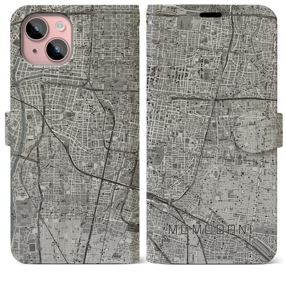 【桃谷（大阪府）】地図柄iPhoneケース（手帳タイプ）モノトーン・iPhone 15 Plus 用