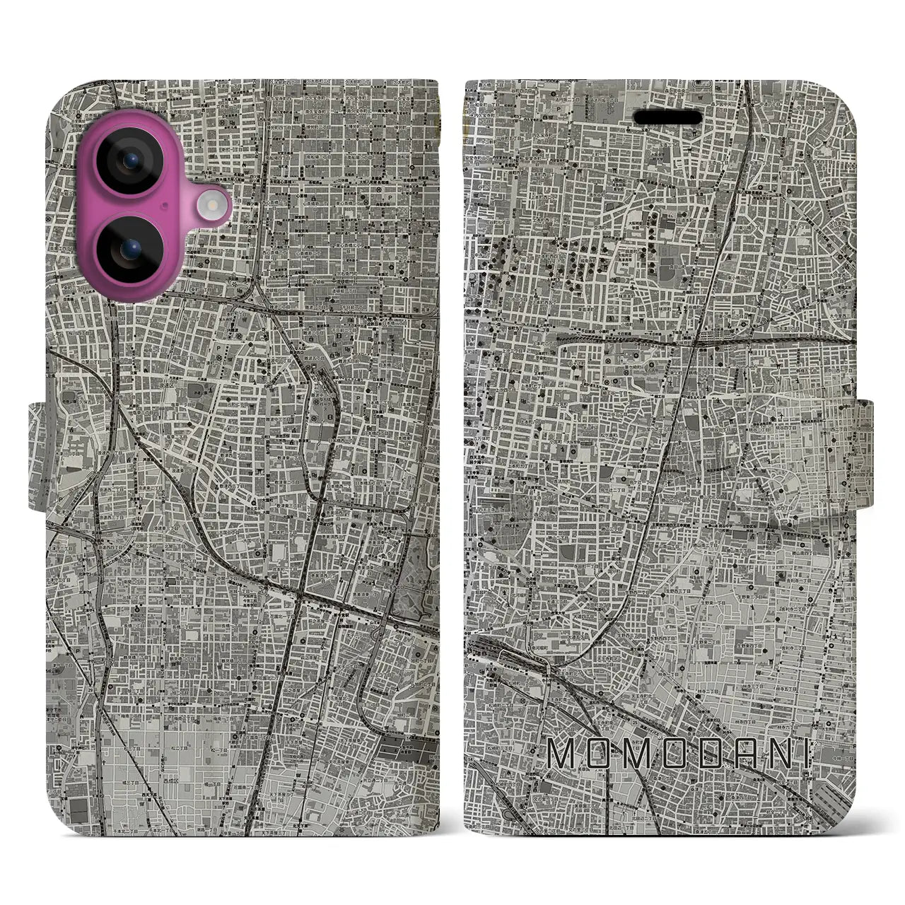 【桃谷（大阪府）】地図柄iPhoneケース（手帳タイプ）モノトーン・iPhone 16 Pro 用