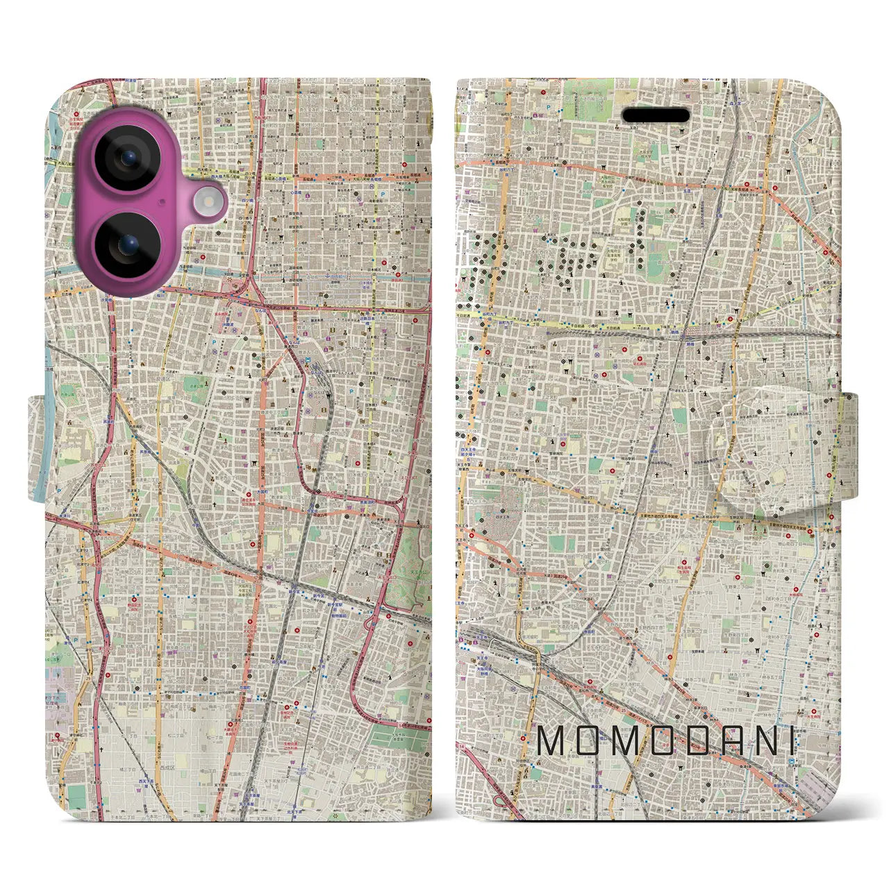 【桃谷（大阪府）】地図柄iPhoneケース（手帳タイプ）ナチュラル・iPhone 16 Pro 用