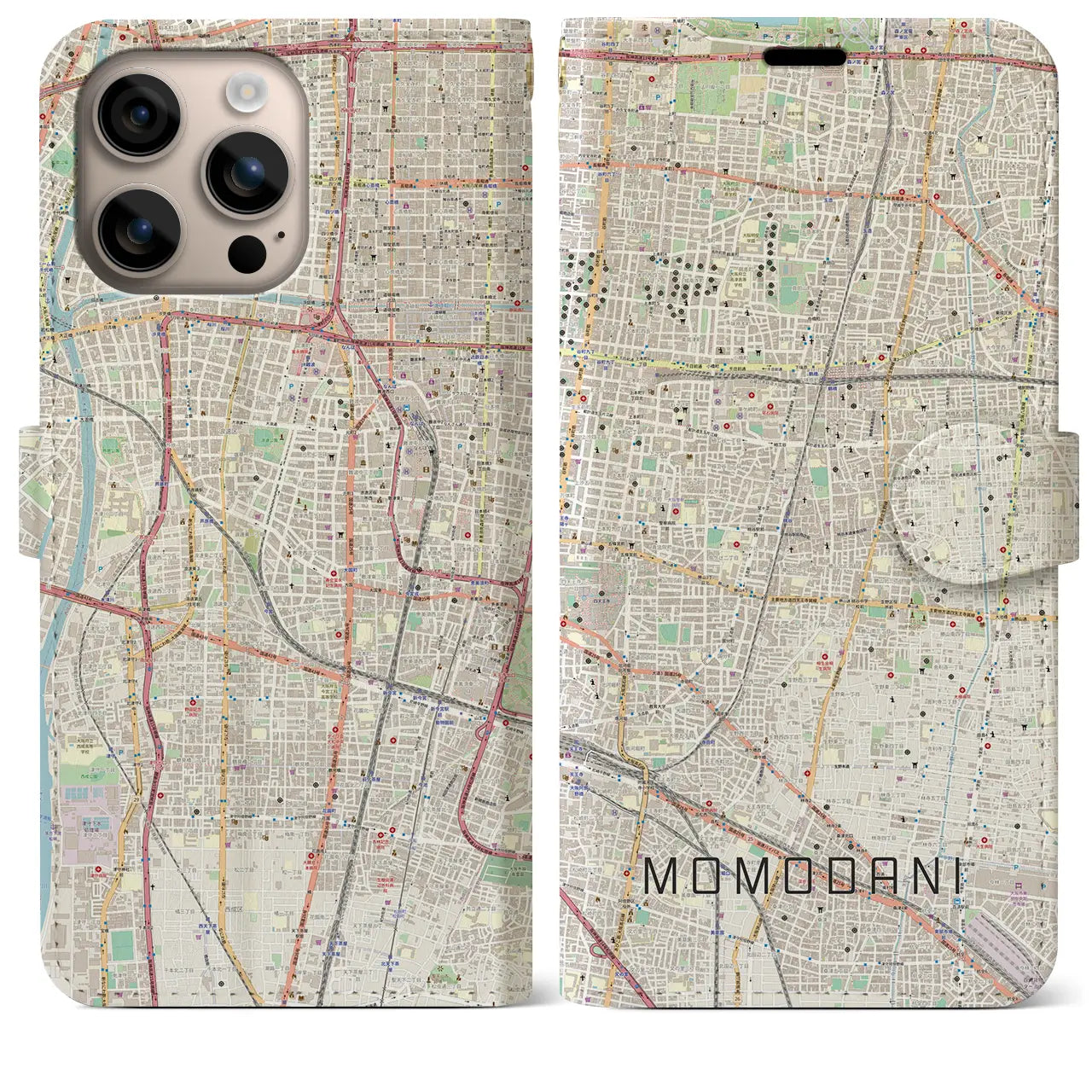 【桃谷（大阪府）】地図柄iPhoneケース（手帳タイプ）ナチュラル・iPhone 16 Plus 用