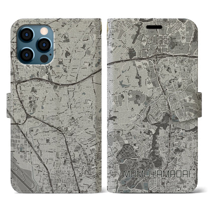 【桃山台（大阪府）】地図柄iPhoneケース（手帳タイプ）モノトーン・iPhone 12 / 12 Pro 用