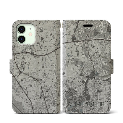 【桃山台（大阪府）】地図柄iPhoneケース（手帳タイプ）モノトーン・iPhone 12 mini 用