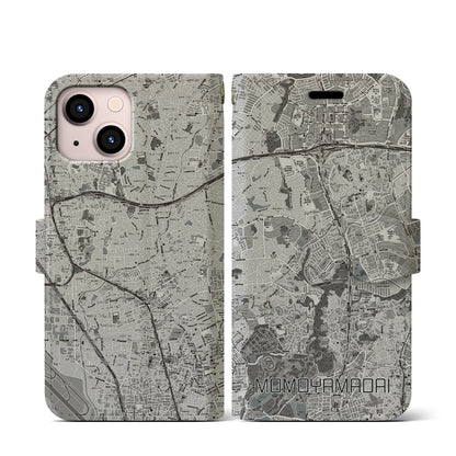 【桃山台（大阪府）】地図柄iPhoneケース（手帳タイプ）モノトーン・iPhone 13 mini 用