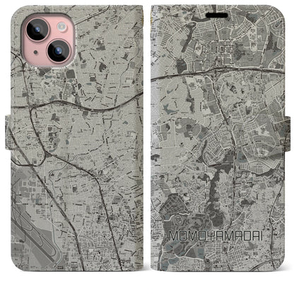 【桃山台（大阪府）】地図柄iPhoneケース（手帳タイプ）モノトーン・iPhone 15 Plus 用