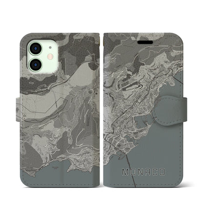 【モナコ】地図柄iPhoneケース（手帳タイプ）モノトーン・iPhone 12 mini 用