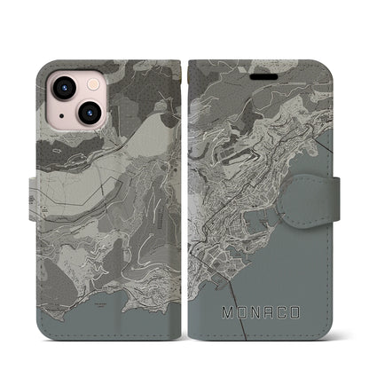 【モナコ】地図柄iPhoneケース（手帳タイプ）モノトーン・iPhone 13 mini 用