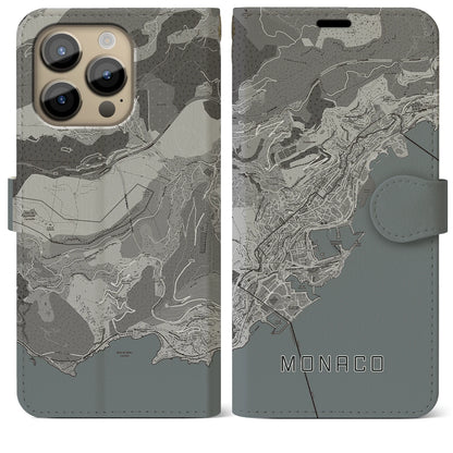 【モナコ】地図柄iPhoneケース（手帳タイプ）モノトーン・iPhone 14 Pro Max 用