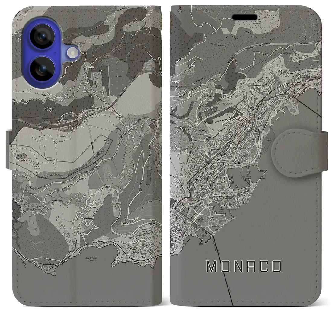 【モナコ】地図柄iPhoneケース(手帳タイプ)モノトーン・iPhone 16 Pro Max 用
