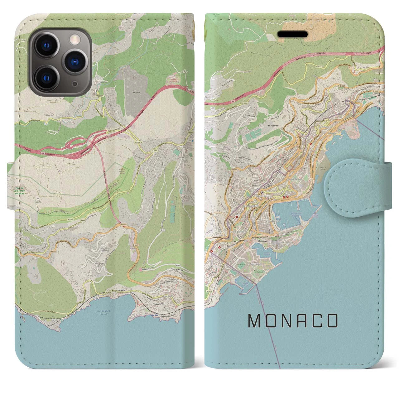 【モナコ】地図柄iPhoneケース（手帳両面タイプ・ナチュラル）iPhone 11 Pro Max 用