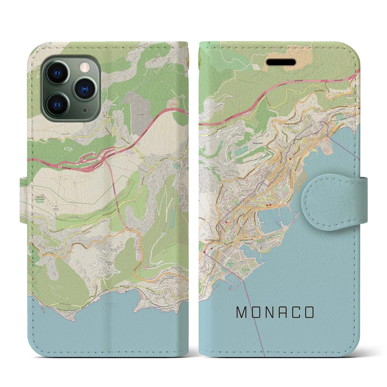 【モナコ】地図柄iPhoneケース（手帳両面タイプ・ナチュラル）iPhone 11 Pro 用
