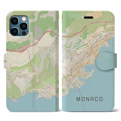 【モナコ】地図柄iPhoneケース（手帳タイプ）ナチュラル・iPhone 12 / 12 Pro 用