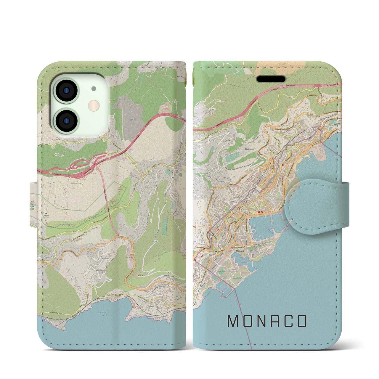 【モナコ】地図柄iPhoneケース（手帳両面タイプ・ナチュラル）iPhone 12 mini 用