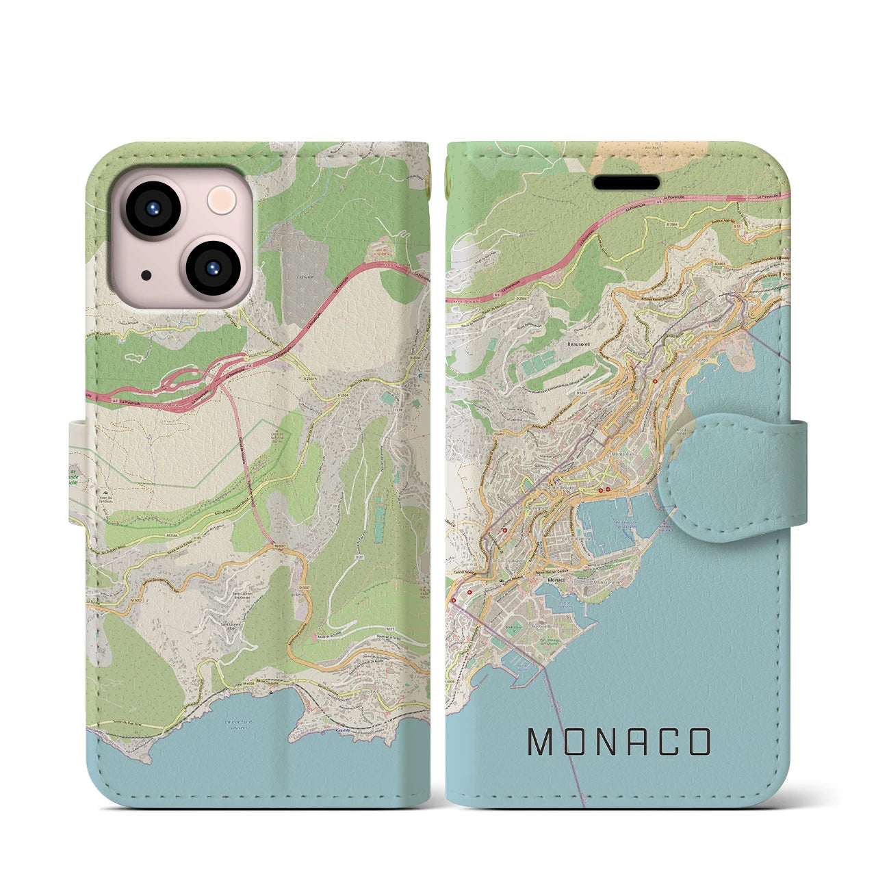 【モナコ】地図柄iPhoneケース（手帳両面タイプ・ナチュラル）iPhone 13 mini 用