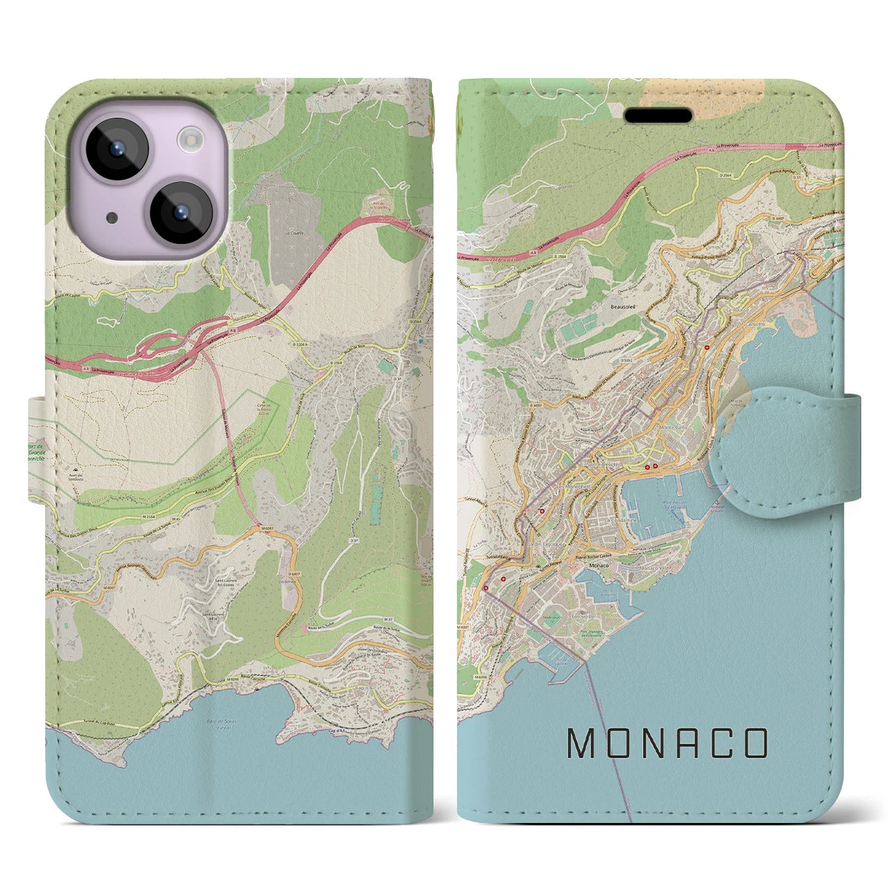 【モナコ】地図柄iPhoneケース（手帳両面タイプ・ナチュラル）iPhone 14 用