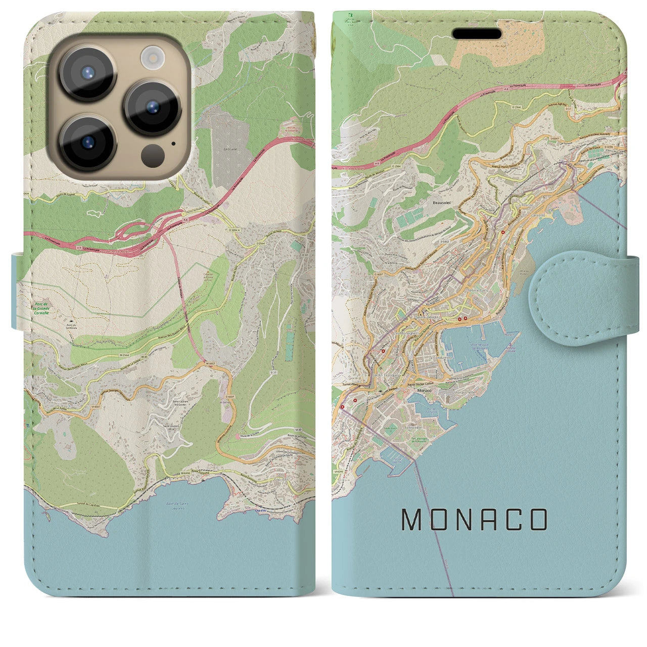 【モナコ】地図柄iPhoneケース（手帳両面タイプ・ナチュラル）iPhone 14 Pro Max 用