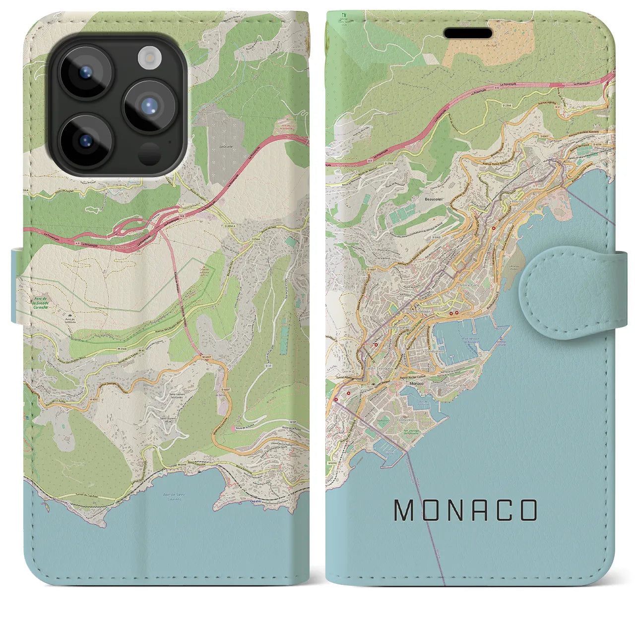 【モナコ】地図柄iPhoneケース（手帳両面タイプ・ナチュラル）iPhone 15 Pro Max 用